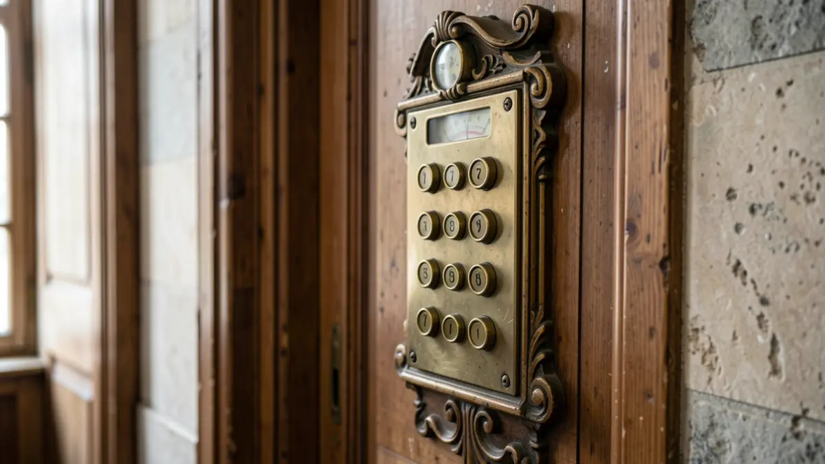 Panneau de commande d'un vieil ascenseur ancien avec des boutons en laiton et un indicateur vintage, dans un style architectural bruxellois.
